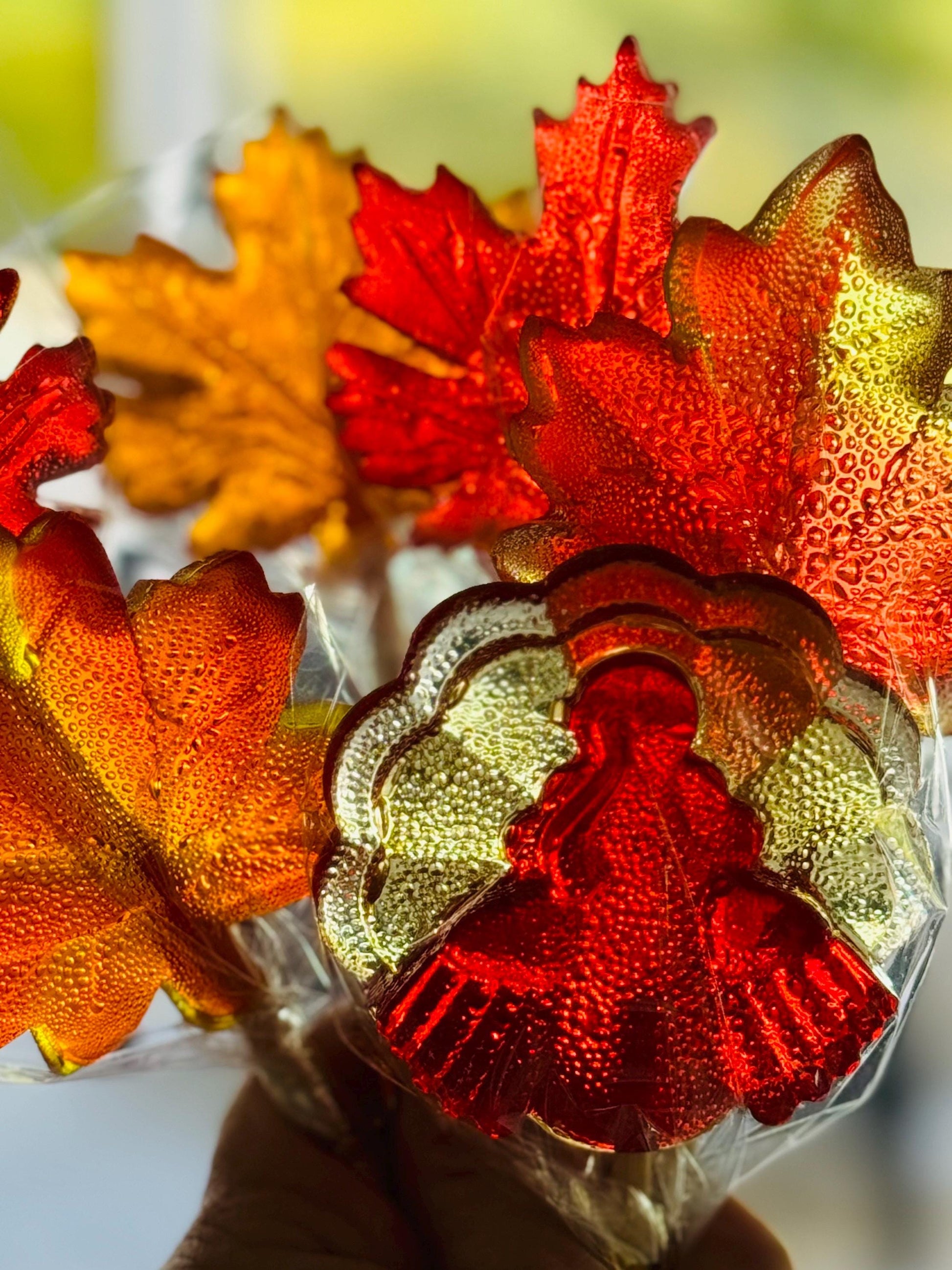 Turkey lollipop surrounded by colorful fall leaf lollipops, individually wrapped