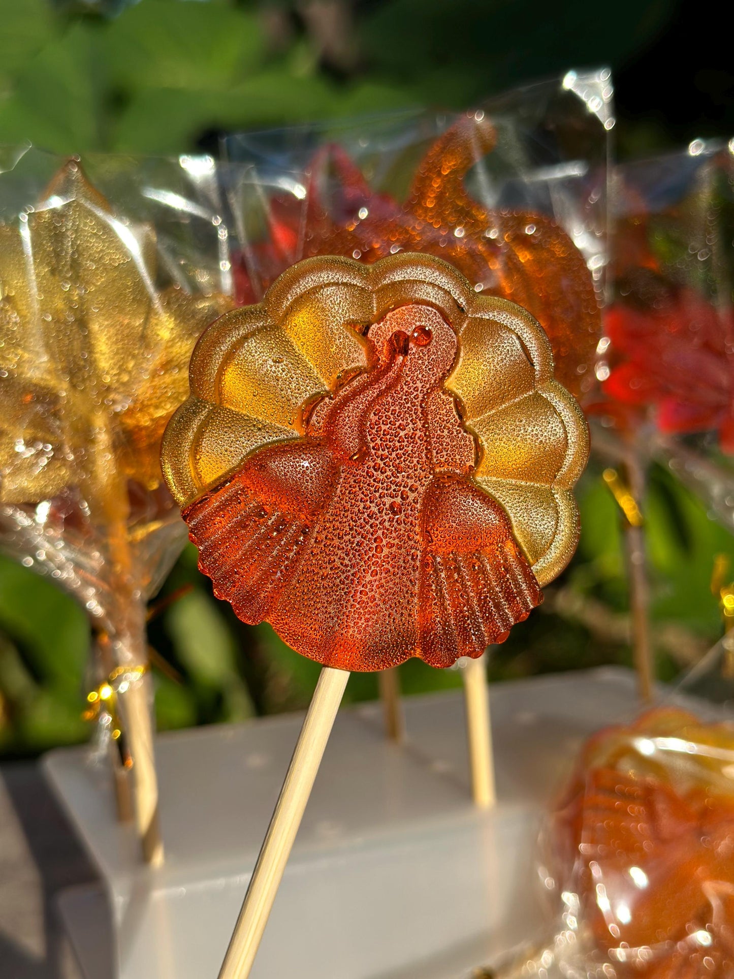 Handmade turkey lollipop in golden yellow and orange candy, Thanksgiving party favor