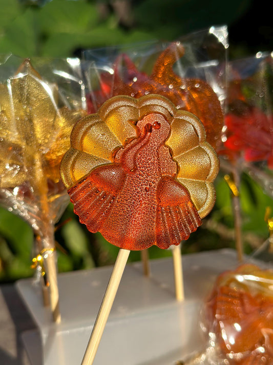 Handmade turkey lollipop in golden yellow and orange candy, Thanksgiving party favor