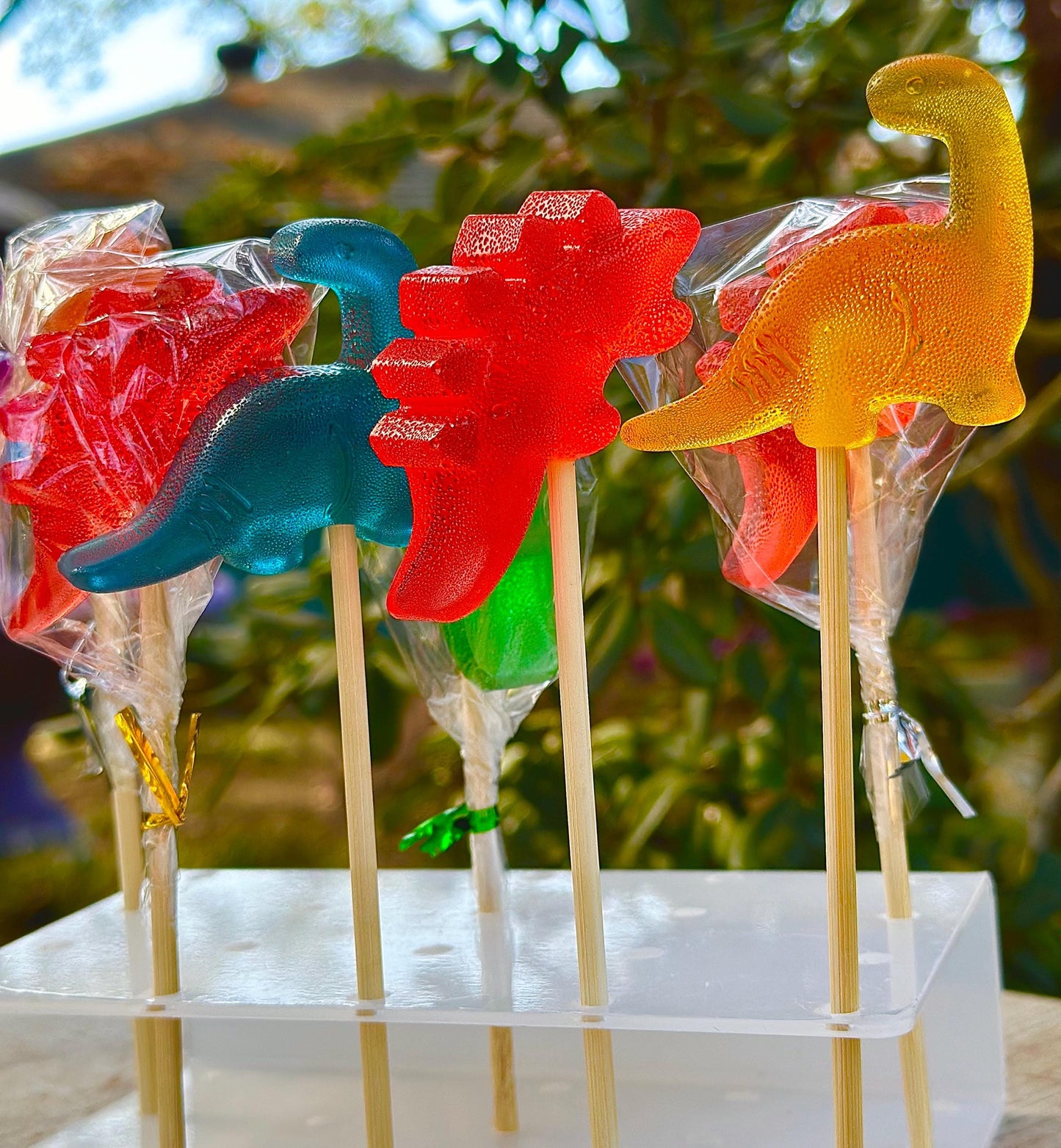 Vibrant dinosaur lollipops in red, yellow, green, orange, and blue stand upright on a clear display against a sunny backyard backdrop. Shaped like stegosaurus and brontosaurus, each glossy candy is mounted on a stick and partially wrapped in cellophane with metallic ties. The close-up captures the fun textures and bright colors, making these handmade sweets perfect for kids’ parties, gifts, or dinosaur-themed events.